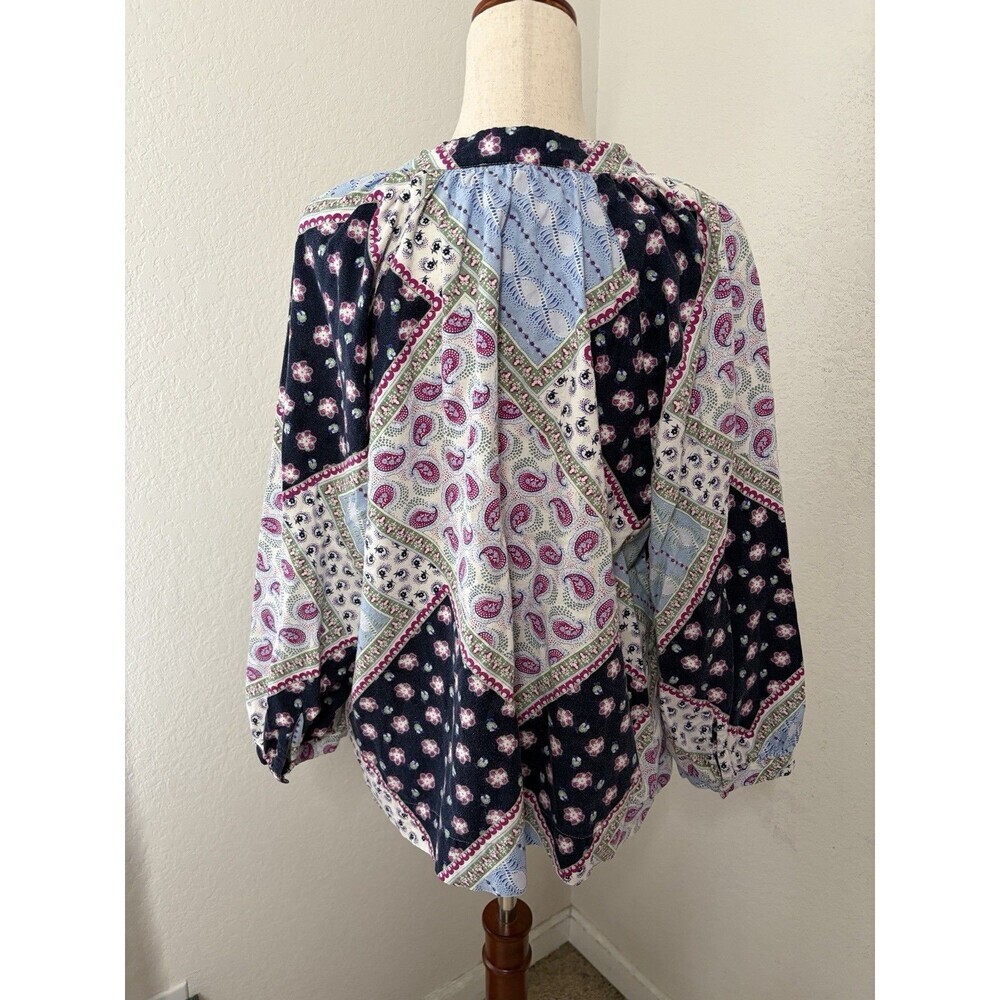 LOFT Women’s XL Patchwork Paisley Floral V-Neck Boho Blouse Top 55% Linen - Picture 4 of 9